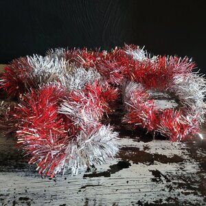 Vintage Red, White and Silver Wired Tinsel Garland Strand 92" Vintage Christmas